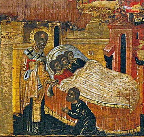 Святитель Николай спасает трех девиц от позора, тайно, ночью передавая мешочек с деньгами их отцу. Фрагмент иконы.
