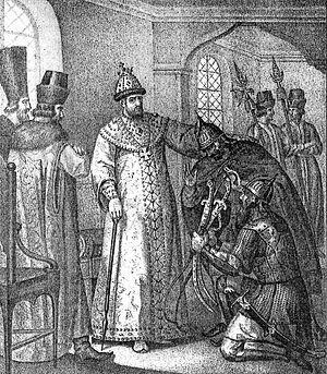 Царю Ивану IV вручают трофеи, взятые у Девлет-Гирея князем Воротынским после сражения при Молодях.